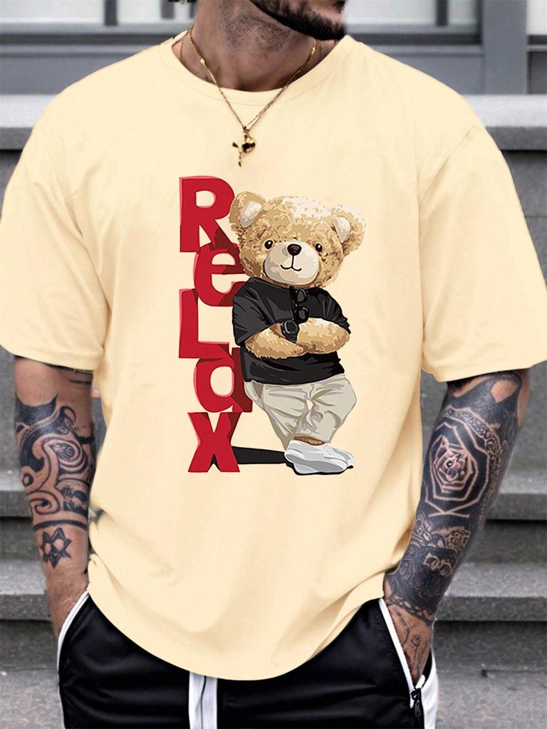 Men's Summer 100% Polyester Fashionable Casual Loose Large Size Letter Bear Printed Sports Round Neck Short Sleeve T-shirt Top