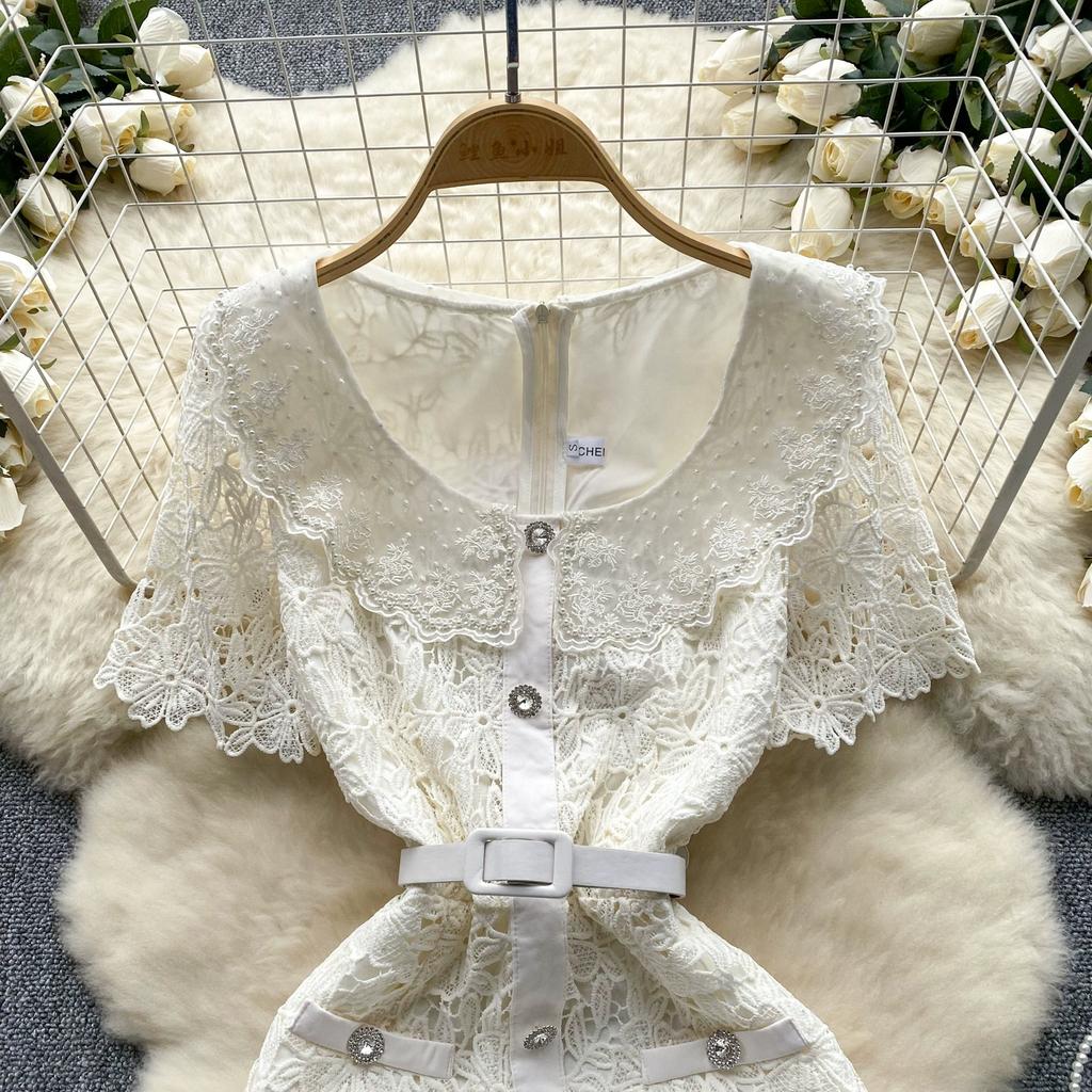 Sommer Frauen Elegante Spitze Häkeln Stickerei Blume Schlank Bodycon Mini Kurze Büro Arbeit Party Kleider