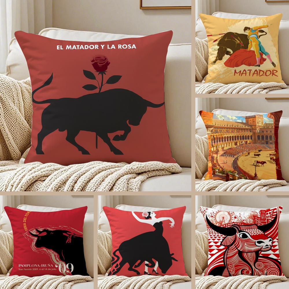 Spanish Running of the Bulls Cushion Cover Pillowcase Antidustmite Invisible Zipper Short Plush Sofa Cushion