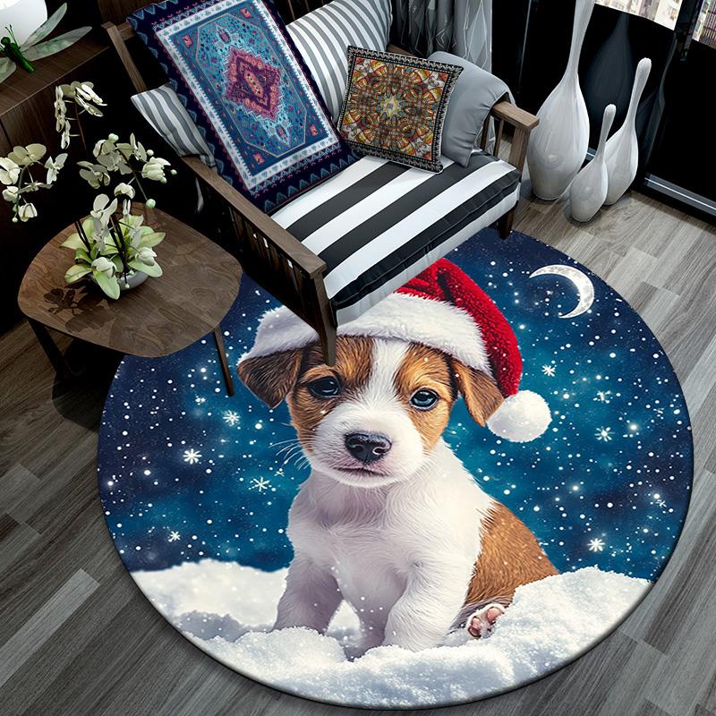 Christmas Puppy Round Area Rug,Carpet Rug for Living Room Bedroom Sofa Playroom Decor,Non-slip Floor Mat