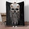 Soft Fleece Blanket Viking Skull Beard Vegvisir Compass Forehead Long Beard Black White Ink Style Black Background Norse Art Gift