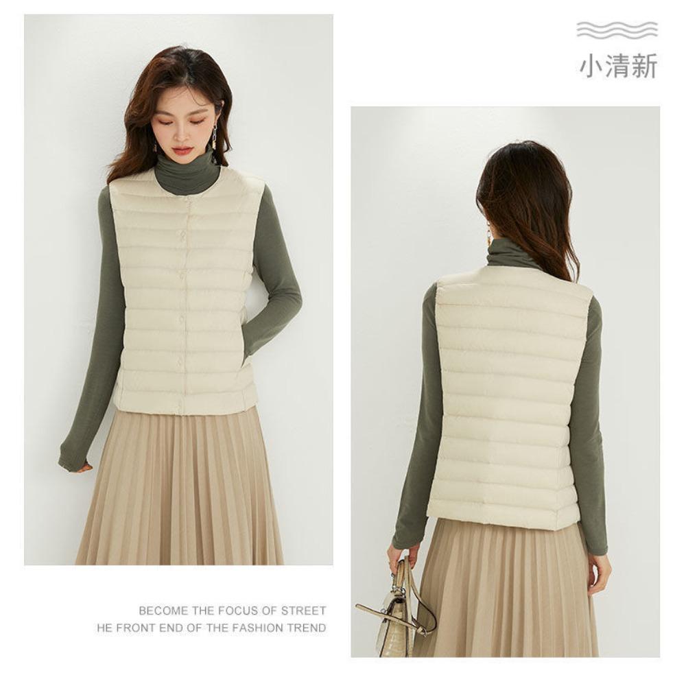 Women Collarless Down Vest Lightweight V Neck Warm Inner Liner Plus Size