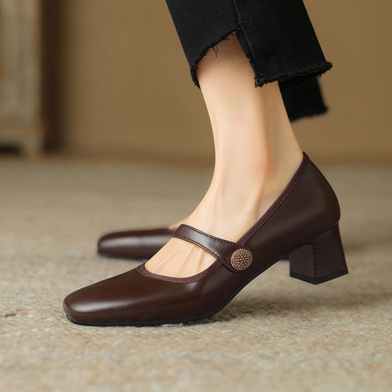New Casual Beef Tendon Soft Sole Comfortable Women's Single Shoes Wear In All Seasons Women's Shoes Medium Heel Black Square Heel Small Leather Shoes
