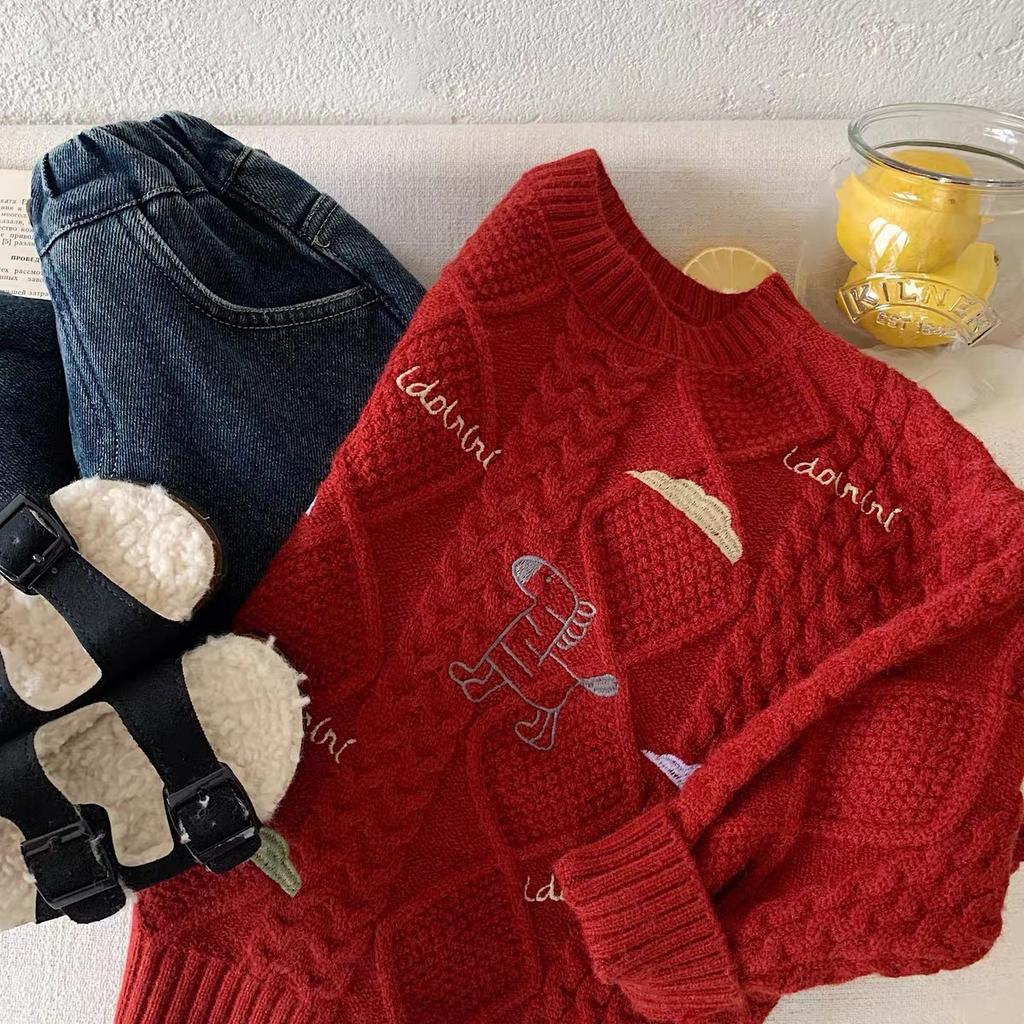 Kids Thick Red Knit Sweater for Boys and Girls Winter Festive Base Layer
