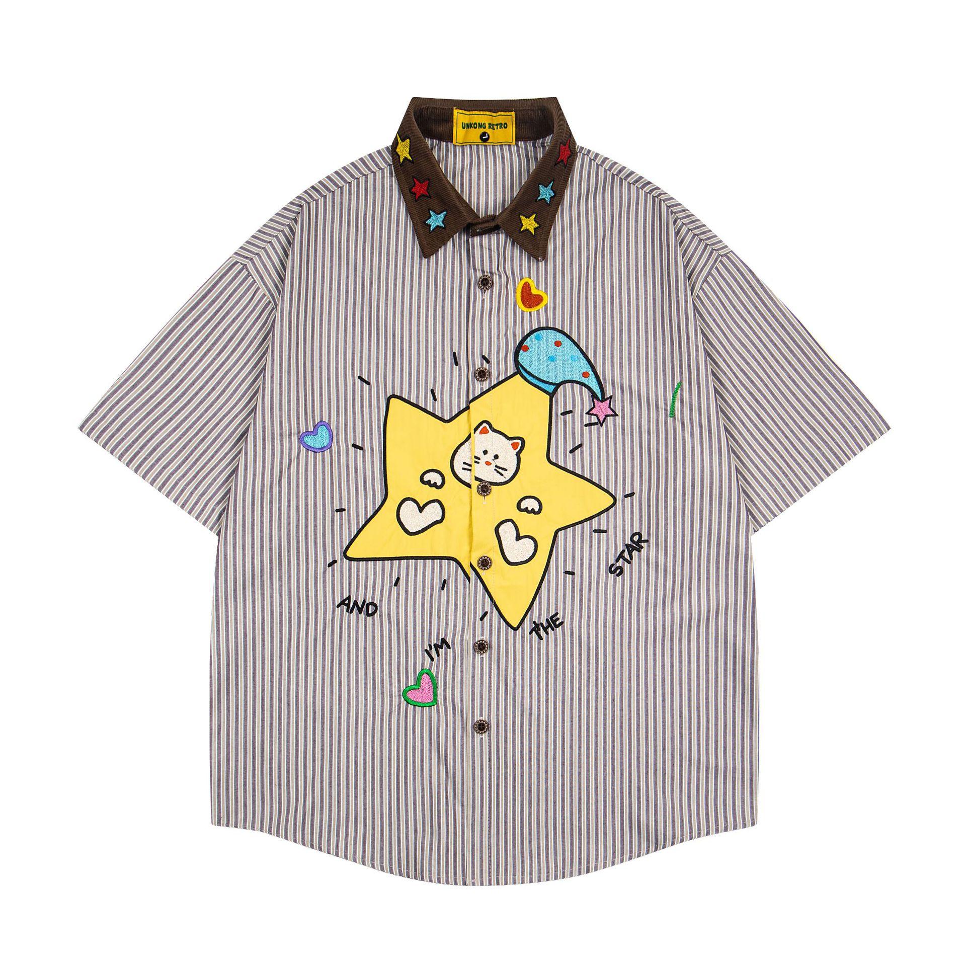 Summer plaid shirt American medieval cartoon embroidered shirt short sleeve M