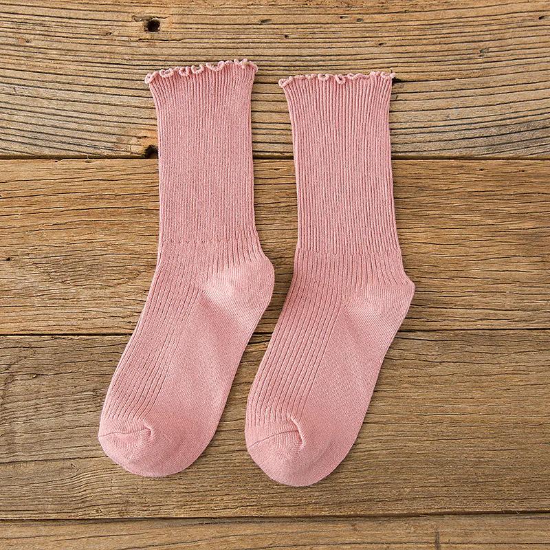 Women Solid Color Frily Ruffle Socks Harajuku Retro Streetwear Breathable Cotton Socks Girl Japanese Kawaii CuteBlack White Sox