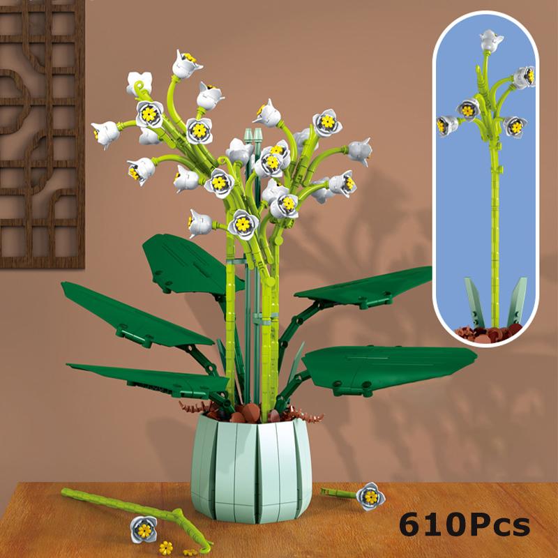 Kreativer Blumenstrauß Bausteine Rote Rose Blaue Rose Vase Mondblume Orchidee Topfpflanze Lavendel Steine DIY Spielzeug Valentinstagsgeschenk