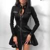 Fashion Women Lace Long Sleeve Zipper Big Hem Faux Leather Mini Dress