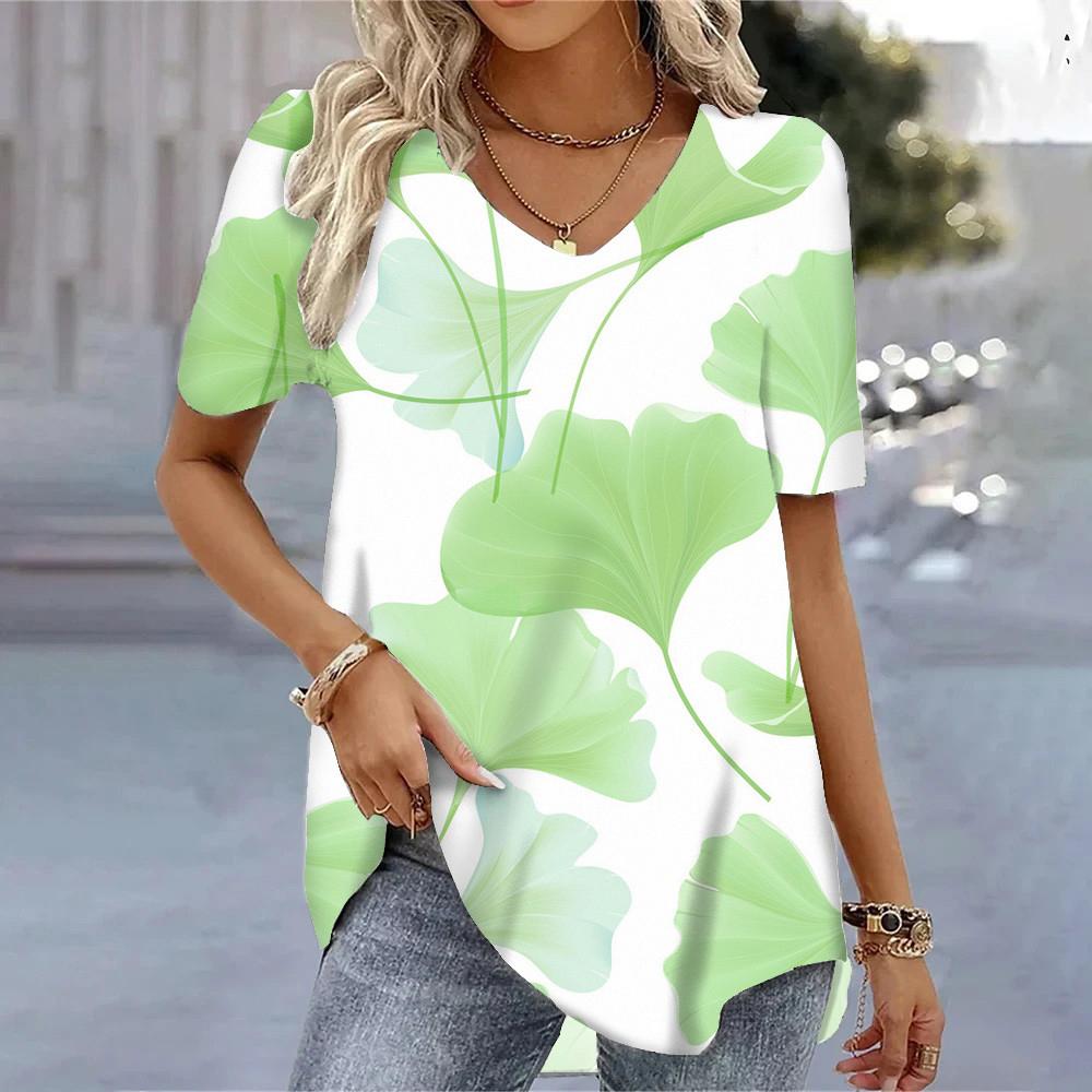 Women's T-shirt 3D Floral Pattern Printing Casual Short-sleeved V-neck Loose Top
