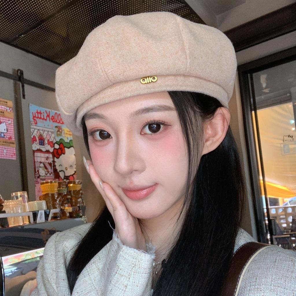 Black beret women's spring and autumn big head circumference bud hat autumn and winter face small Internet celebrity British octagonal hat