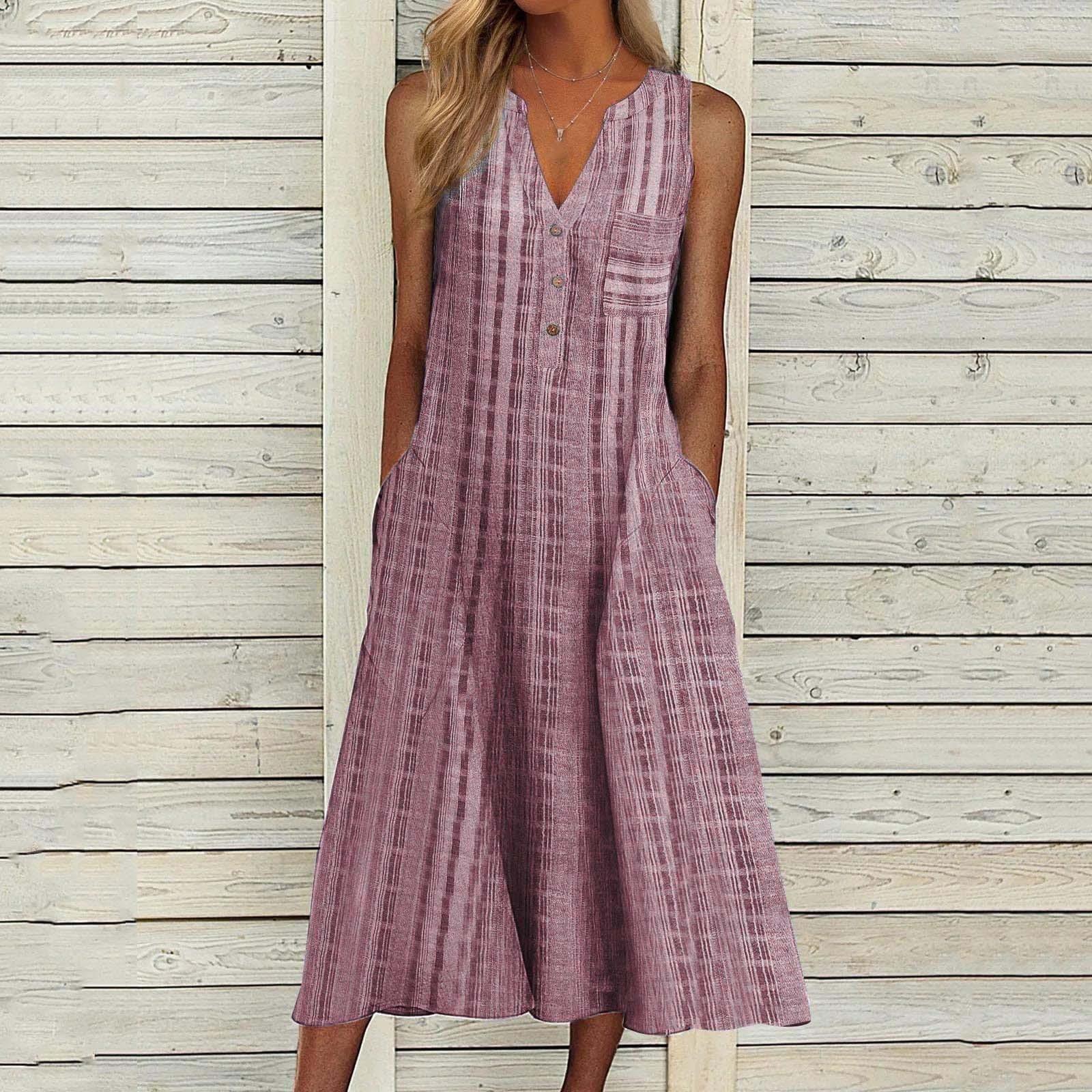 

Жіноча повсякденна літня святкова сукня з V-подібним вирізом і кишеньковими ґудзиками без рукавів XL рожевий