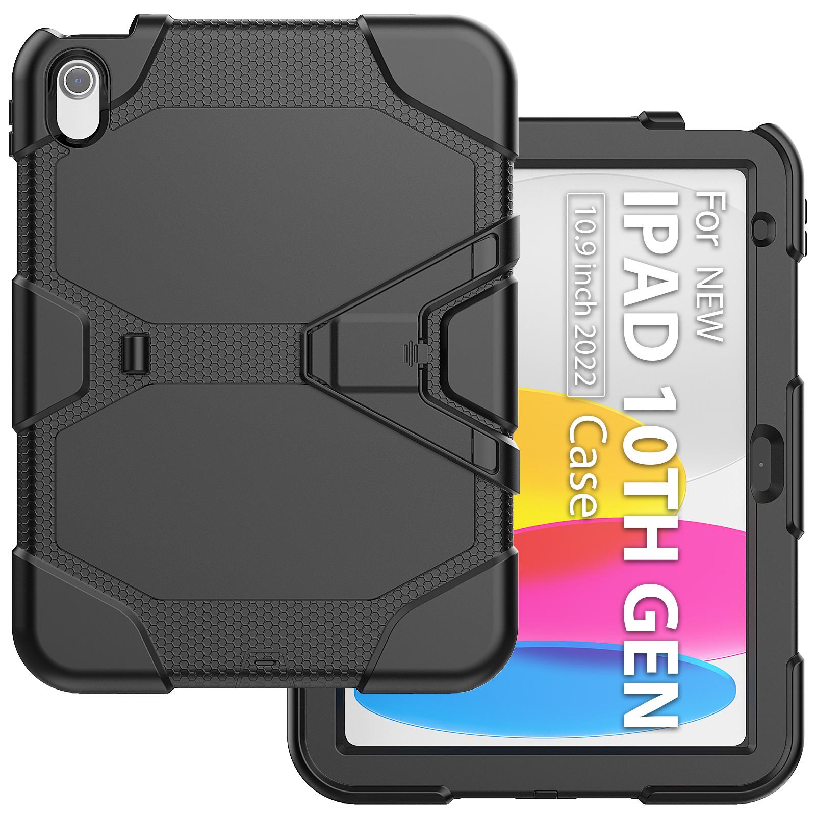 

For iPad (2025)/10.9 (2022) PC+Silicone Case Kickstand Cover Tablet Case with Screen Protector Pen Holder Black
