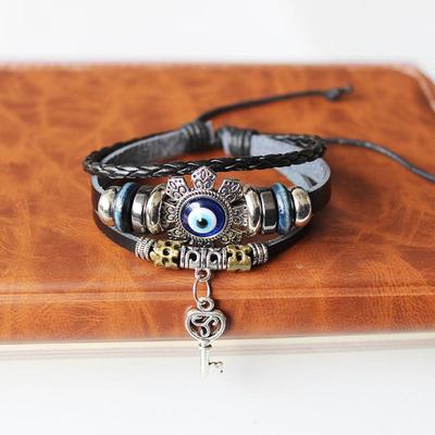 1Pcs Multilayer Vintage Demon Eye Lucky Bangle Punk Jewelry Turkish Blue Evil Eye Flower Leather Rope Bracelets For Women Men