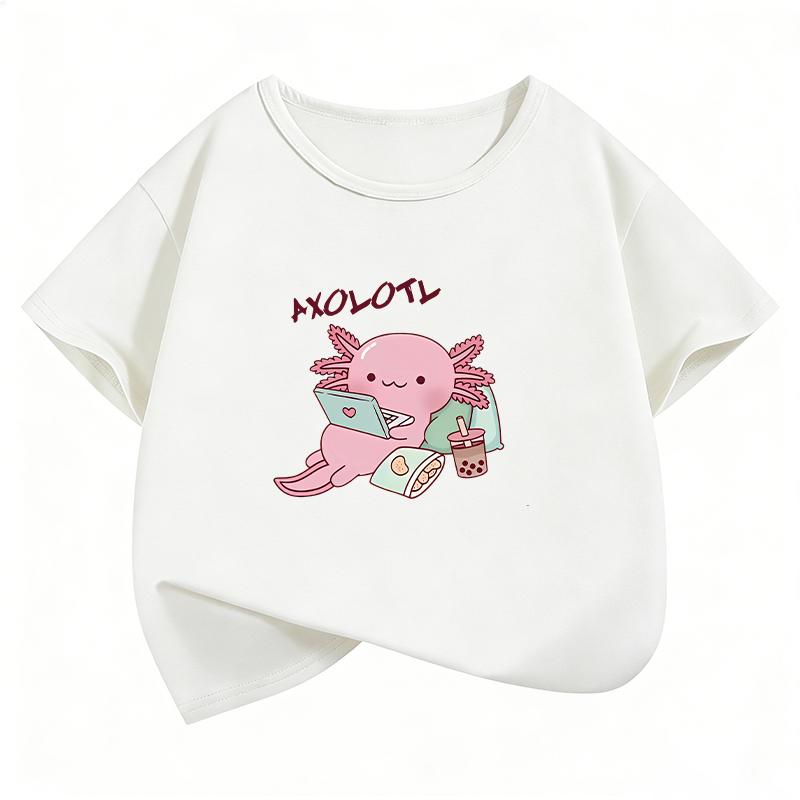New Animal Axolotl Drinking Bubble Tea T Shirts Funny Summer Kids Childrens Tshirt Boys Girls Casual Top Tee