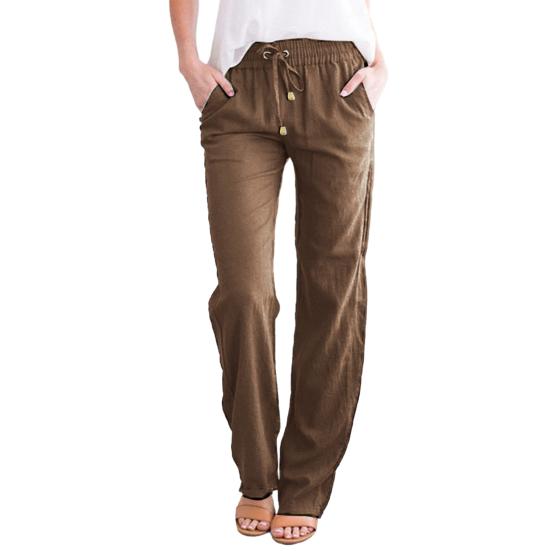 Women Casual Pants Elastic Drawstring Waist Long Pants with Pockets Solid Color Loose Fit Wide Leg Trousers