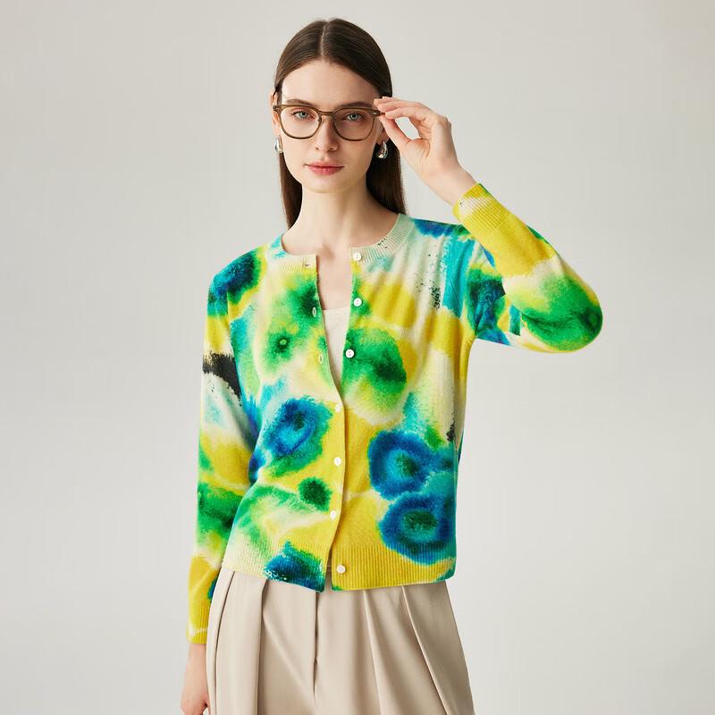 Zhaojun Women's Printed Cashmere Round Neck Cardigan