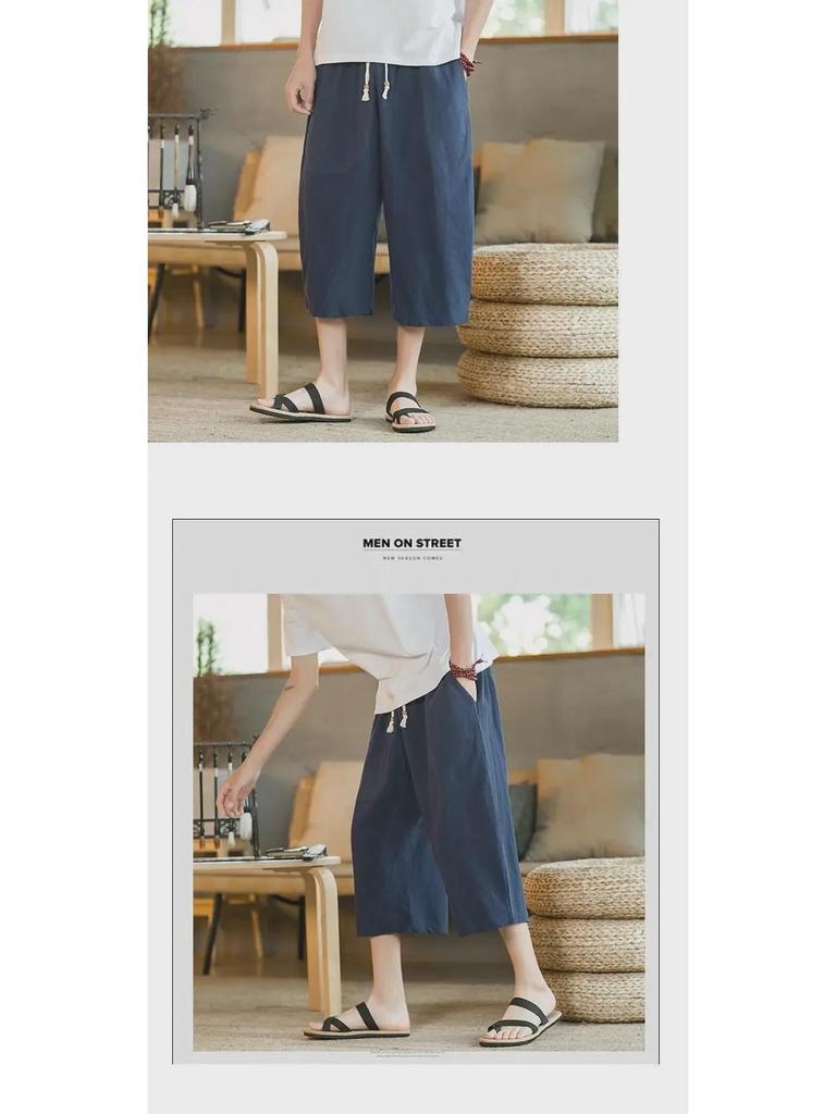 Men's Cropped Chinese Style Linen Shorts - Summer Wide-Leg 7-Point Casual Trousers