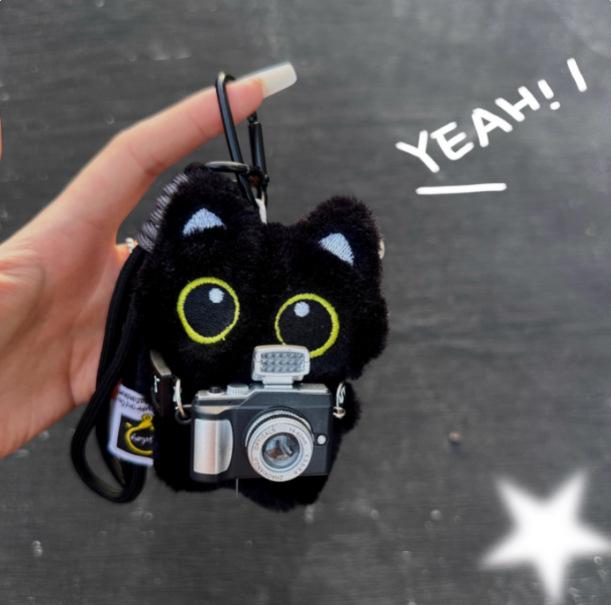 Upgraded Hook Squeaky Black Cat Bag Charm: Cute Plush Backpack Keyring