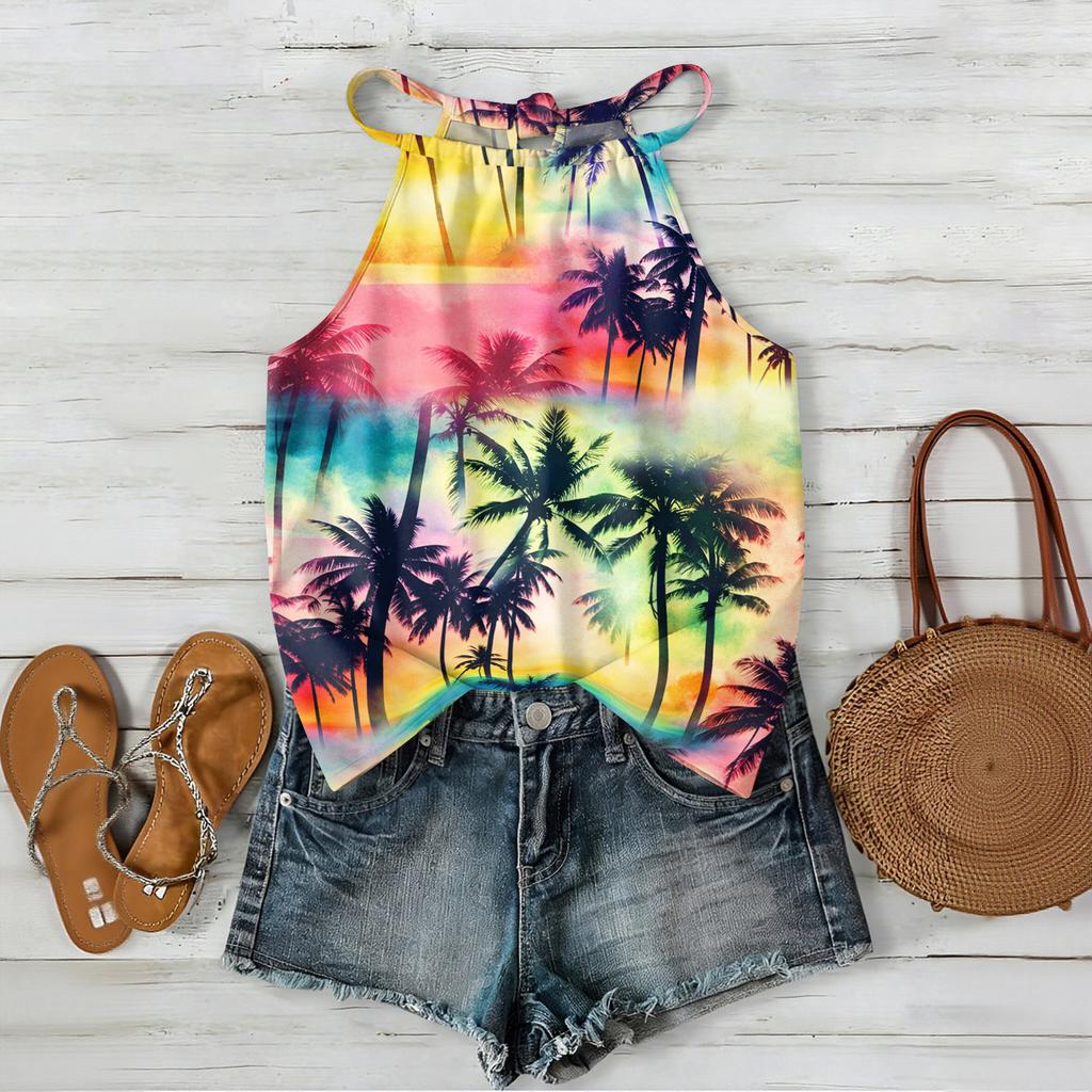 Damen Boho Blumenmuster Ärmelloses Tanktop Sommerlich Lässig Strandkleidung Leicht Locker Sitzende Bluse mit Verstellbaren Trägern