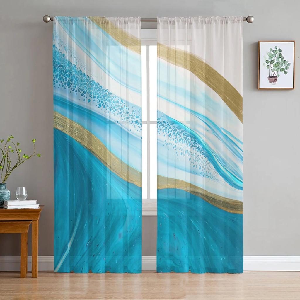 Luxury Tulle Curtains Teal Gradient Marble Pattern Living Room Kitchen Chiffon Curtain Youth Bedroom Sheer Floor Valance Curtain