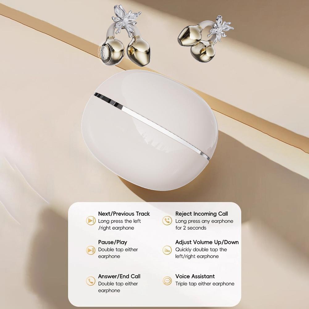 Sports Bluetooth Headphones For TWS Wireless Ear-clip Earbuds Intelligent Noise Cancellation Butterfly Diamond Buckle Decoration