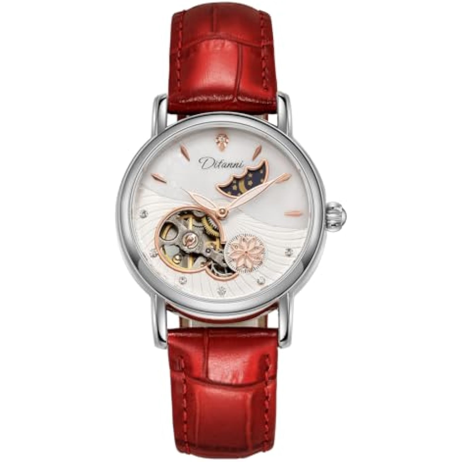 

Dulunwe Вращающиеся цветы Женские часы Женские часы Топ Бренд Роскошные Модные Фаза Луны Водонепроницаемые Женские Автоматические Механические Часы серебряный/красный