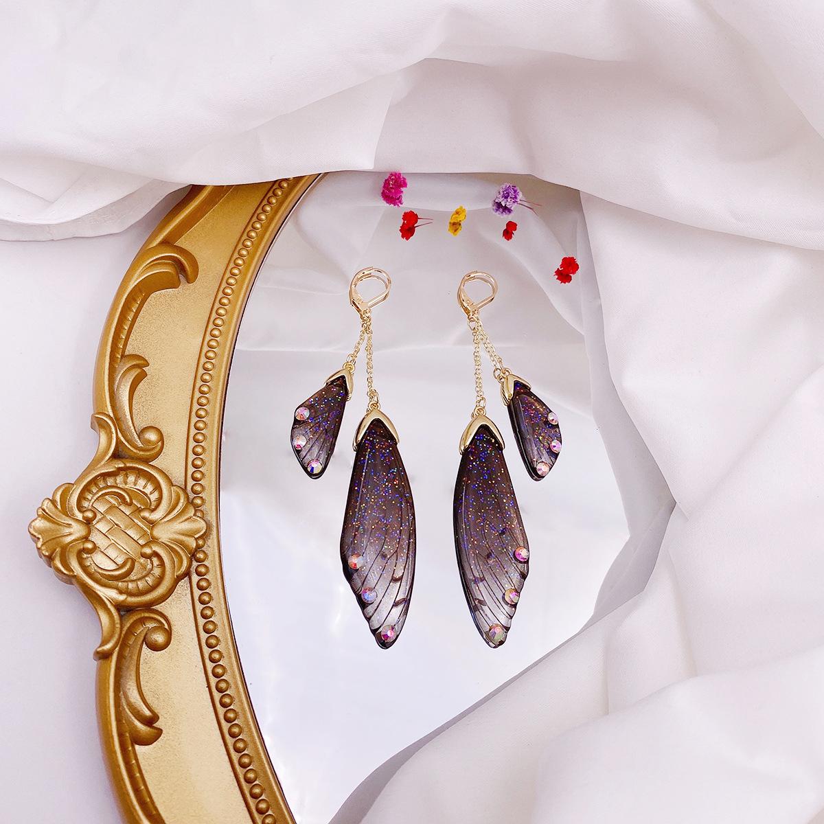 Серьги-гвоздики с черными крыльями бабочки, крылья цикады, серьги с постепенным изменением цвета, серьги-гвоздики, темперамент, супер-фея, длинные серьги