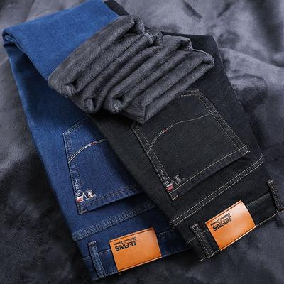 Calça Jeans Masculina Quente e Grossa Plus Size para Negócios, Preta e Azul, Ajuste Regular, Calça Jeans Elástica, Calça Masculina de Marca