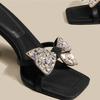 Damen High Heels Pantoletten Luxus Strass Schleife Pantoletten Temperament Quadratische Zehenpartie High Heel Sandalen Damen Bankett Party Pumps