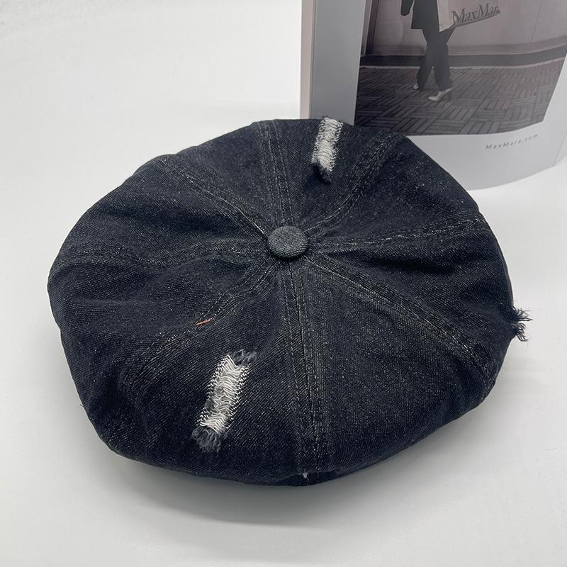 Denim Ripped Beret Women's Spring and Summer New Versatile Cloud Hat Retro Washing and Old Face Showing Small Star Anise Hat