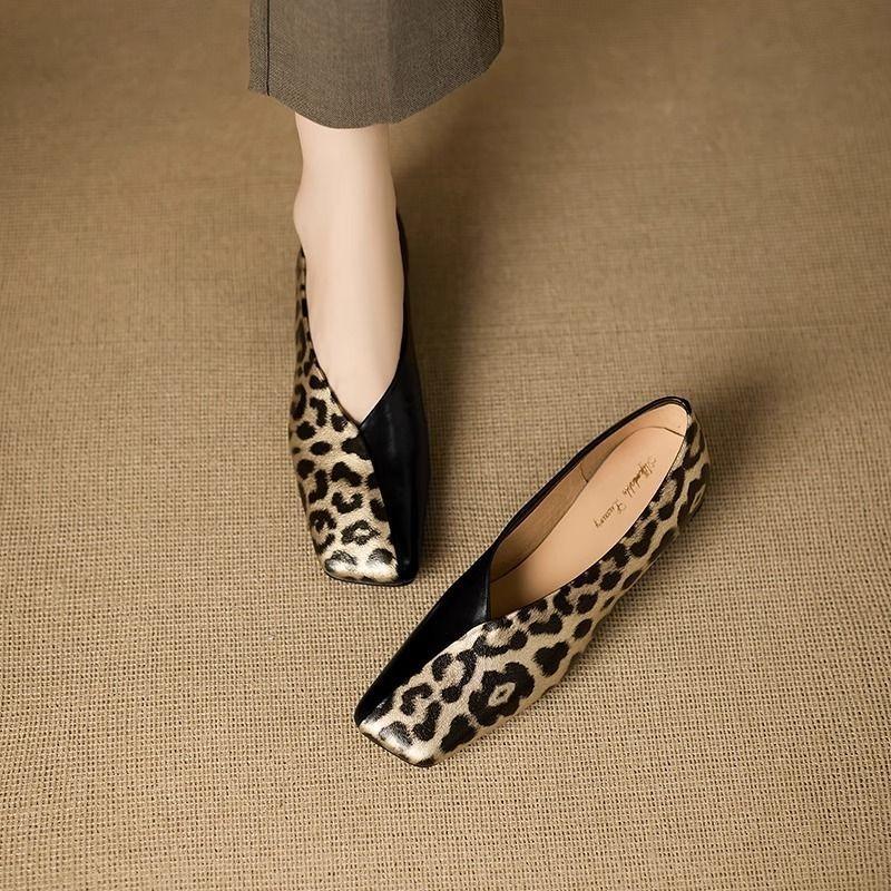 Cowhide Clear Goods Genuine Leather Retro Square Head Leopard Print Single Shoes Women's Spring and Autumn New Thick Heel Small Leather Shoes