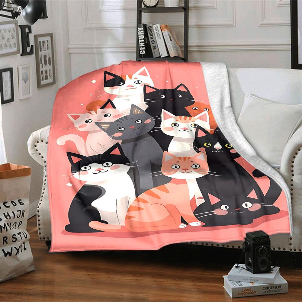 1pc Cat Family Lightweight Flannel Blanket, Comfortable and Warm Blanket, for Office and Camping Sofa Bed, Livingroom025