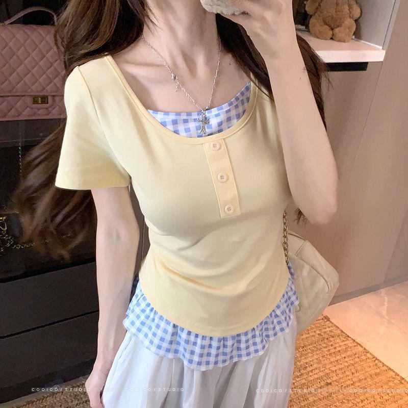 Women's Plus Size Summer Patchwork Faux Two-Piece Short Sleeve T-Shirt - Slimming Loose Fit