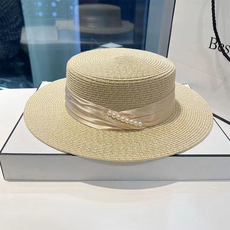 French Celebrity Style Pearl White Top Hat Women Spring and Summer Sunshade Sun Protection Travel Holiday Flat Top Straw Hat Big Brim