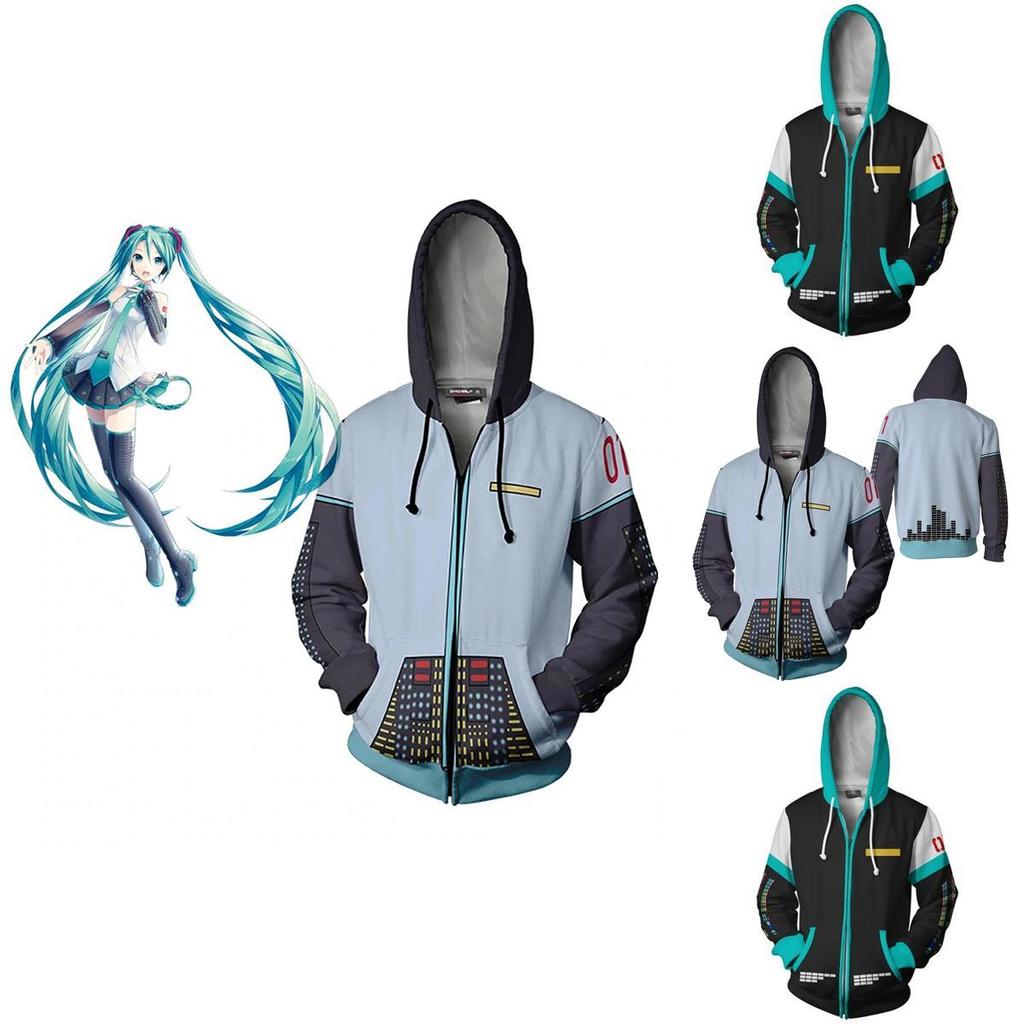 Stylová mikina s kapucí a zipem Hatsune Miku Vocaloid z měkkého materiálu pro každodenní nošení