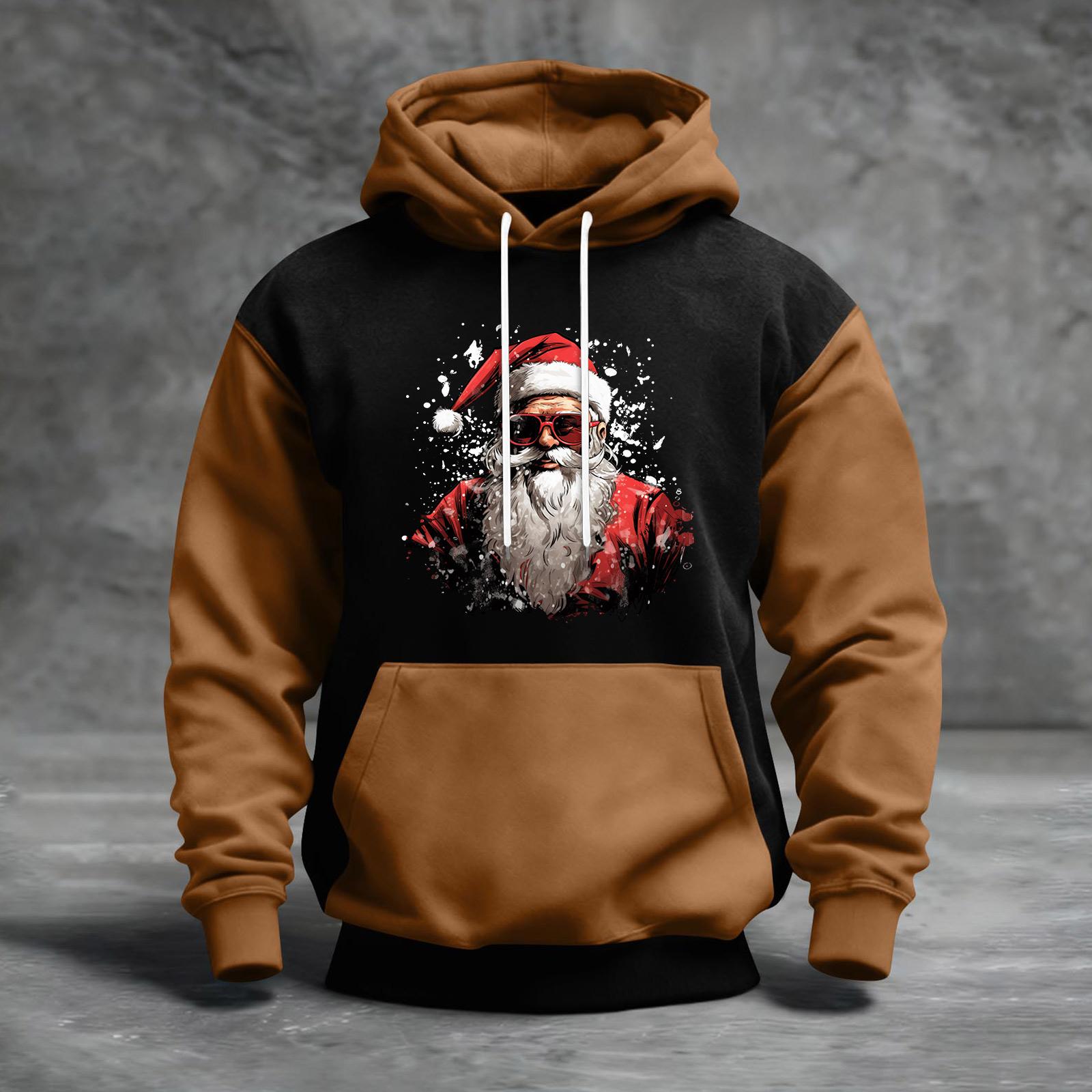 

Мужской рождественский свитшот с капюшоном, повседневный, спортивный, удобный, с цветными блоками и принтом L