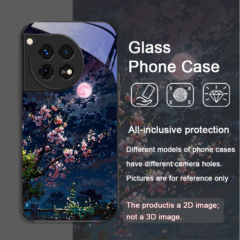 Moon Cherry Blossom Pattern Scenery Tempered Glass Phone Case for OnePlus 13 R 12 11 10 Pro ACE2 ACE3 Nord CE 4 3 2 Lite Covers