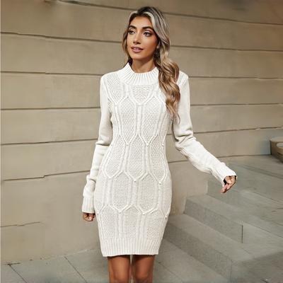Jesenná Zimná Nová Dámska Pletená Teplá a Zahustená Elegantná Pletená Šaty Sveter s Dlhým Rukávom