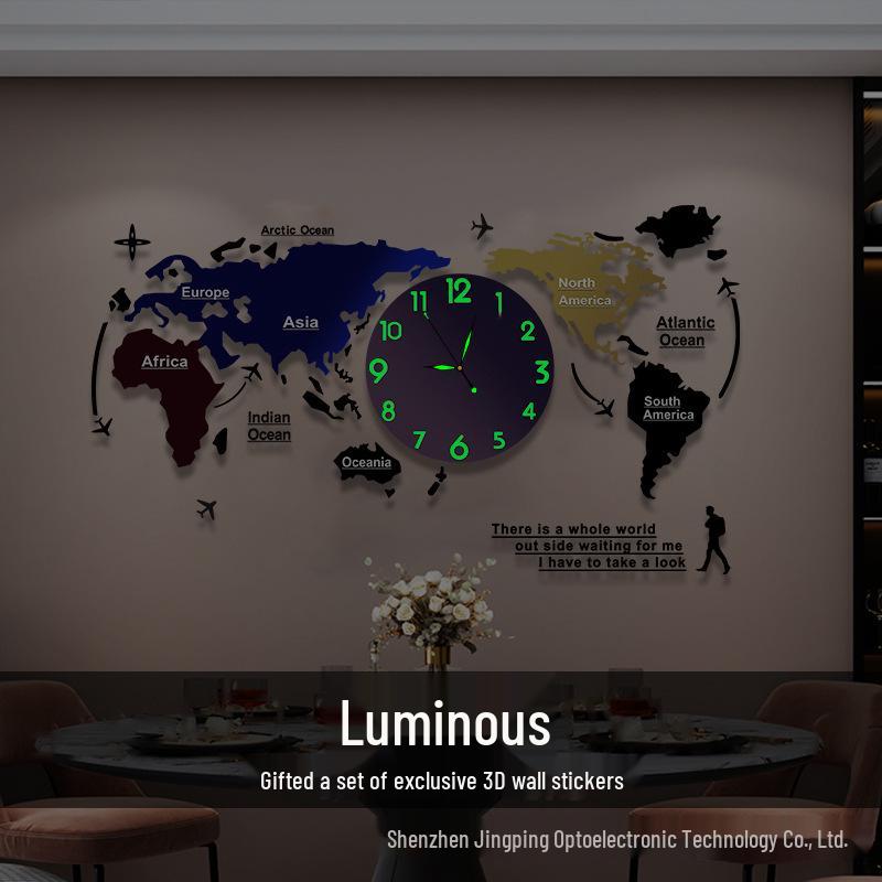 Creative World Map Wall Clock with Lamp & Perpetual Calendar for Living Room Decor
