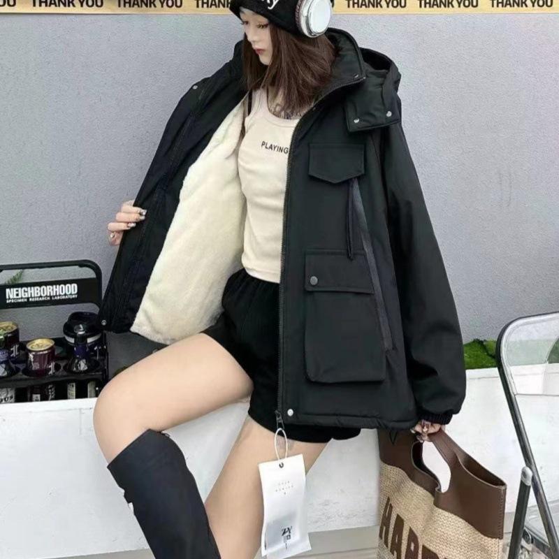 

Женский 2024 Флисовый Плащ-Ветровка с Капюшоном - Утепленный Хлопок Мода для Зимы Large чёрный