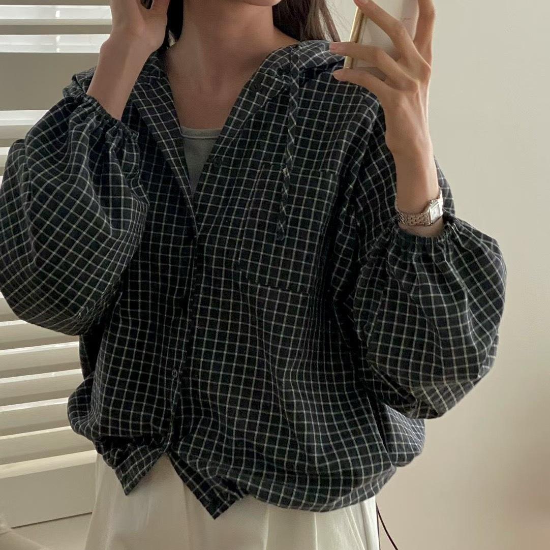 

Korean Style Simple Casual Loose Long Sleeved Plaid Shirt Chic Retro Plaid Hooded Sunscreen Shirt Jacket 2XL