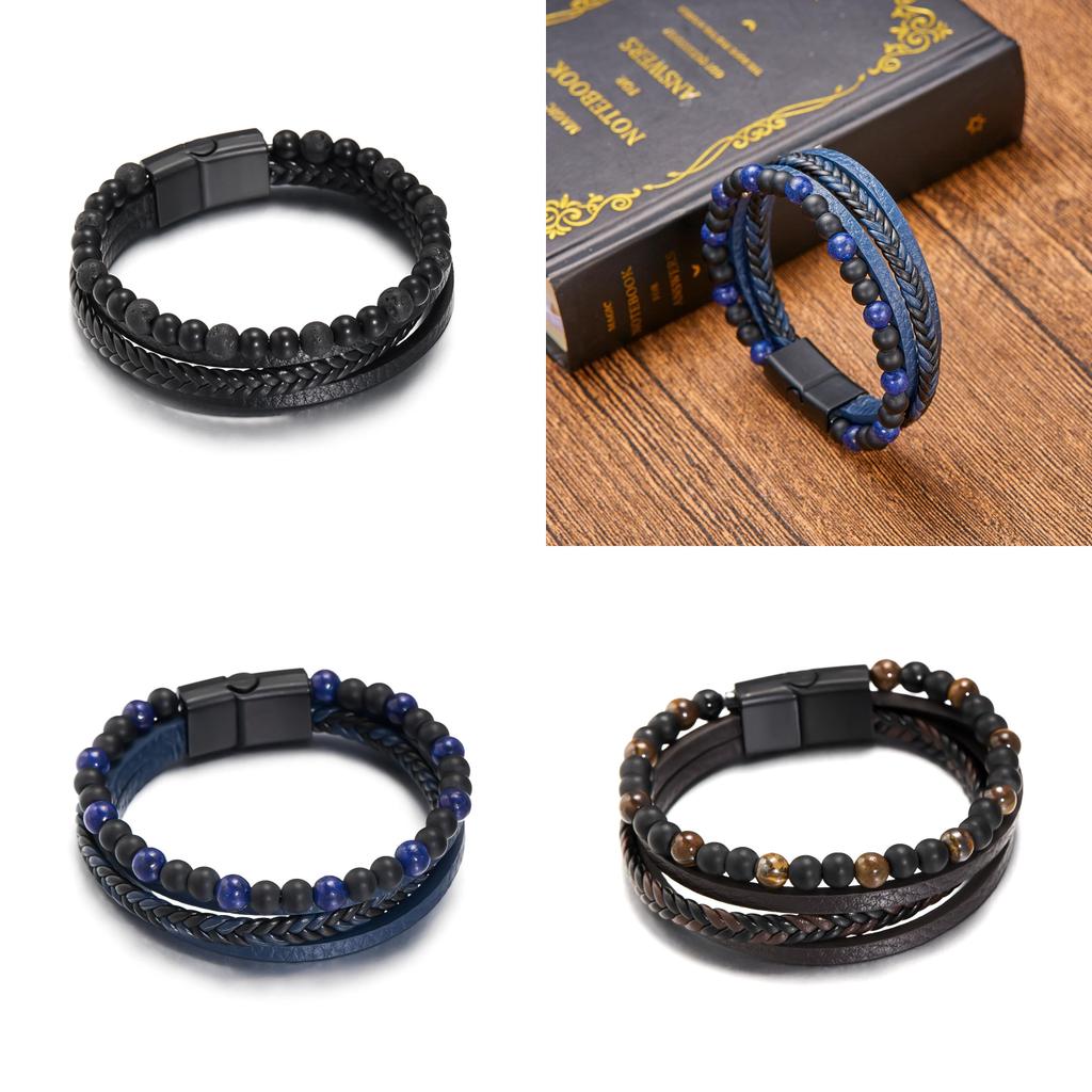 Geometric Style Mens Weaving Leather Wristband With Bead Design For Fashion And Travel