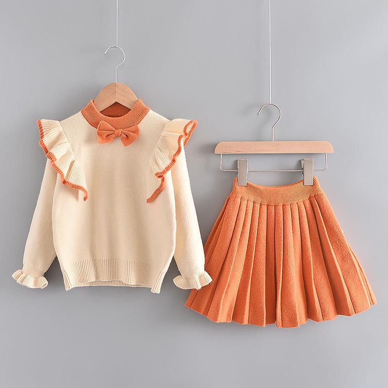 Mädchen Strickpullover & Kleid Set mit Fliegenärmeln - Koreanischer Stil, Frühling/Herbst Mode, Zweiteiler für kleine & mittlere Kinder