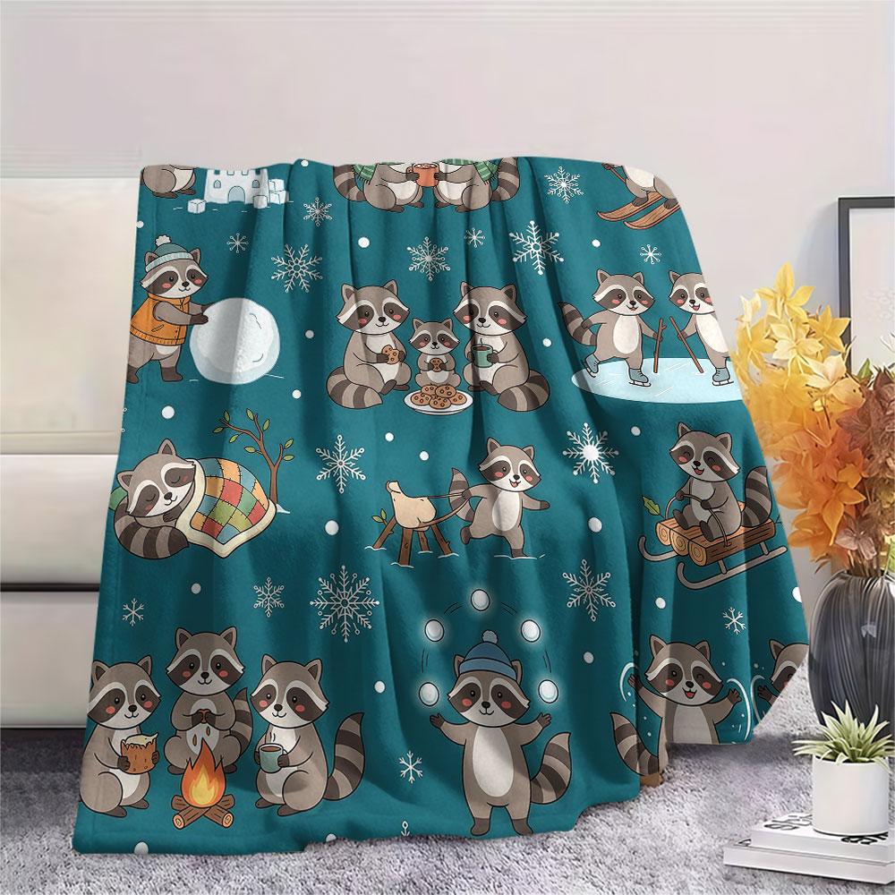 1PC Winter Raccoon Adventures Patterned Flannel Blanket Suitable For All Seasons for Home Decor Warmth and Comfort Gifts Holiday Present