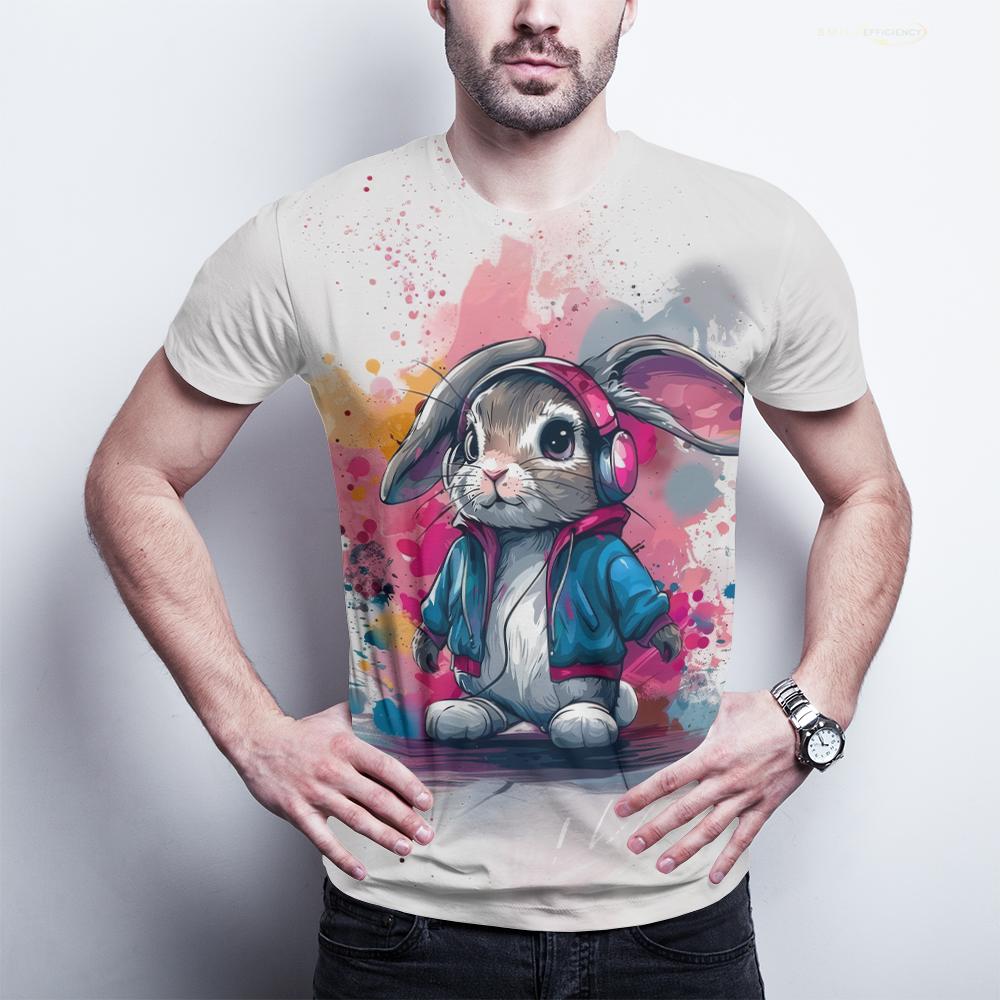 Hip-Hop Bunny Graphic Tee - Urban Streetwear Rabbit with Headphones, Splash Art Design, Soft Polyester, Men's T-Shirt