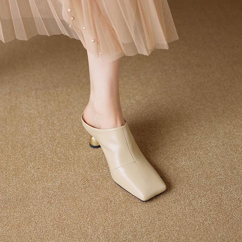 Fashion 2025 Women's Shoes New Summer Retro Square Toe Genuine Leather Sheepskin Baotou High Heel Large Muller Half Slippers Heels Women
