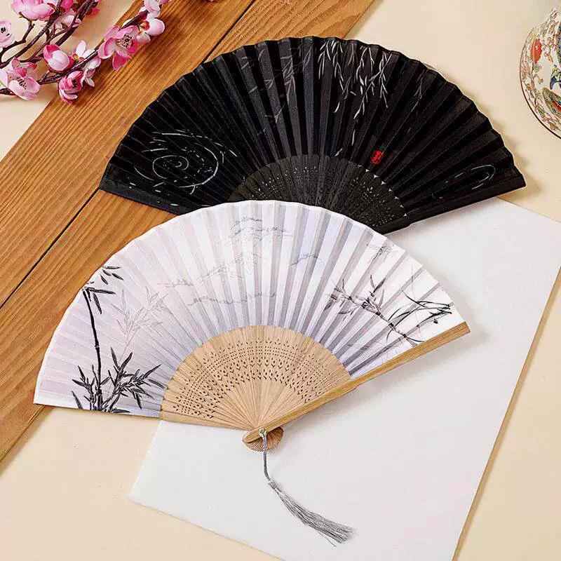 Fan for Men with a Domineering Style, Traditional Chinese Style Folding Fan with Jade-Like Black Bamboo Wood, Portable for Summer, Suitable for Dance