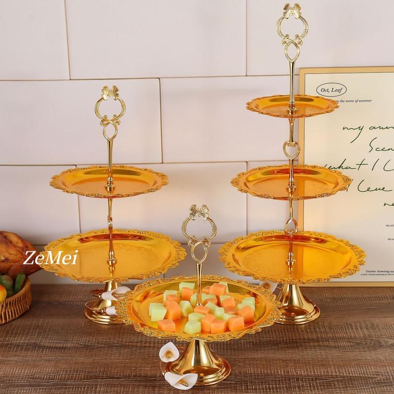 European-Style Double-Layer Cake Plate Display Rack ,Carved Flower Shape Metal Fruit Tray,Home Dessert Plate Wedding Decoration