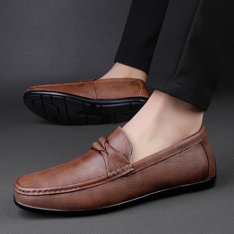 Fashion Spring New Men Comfortable Top Layer Cowhide Soft Sole Anti Slip Bean Shoes Fashion Brand Men Business Breathable Casual Loafers