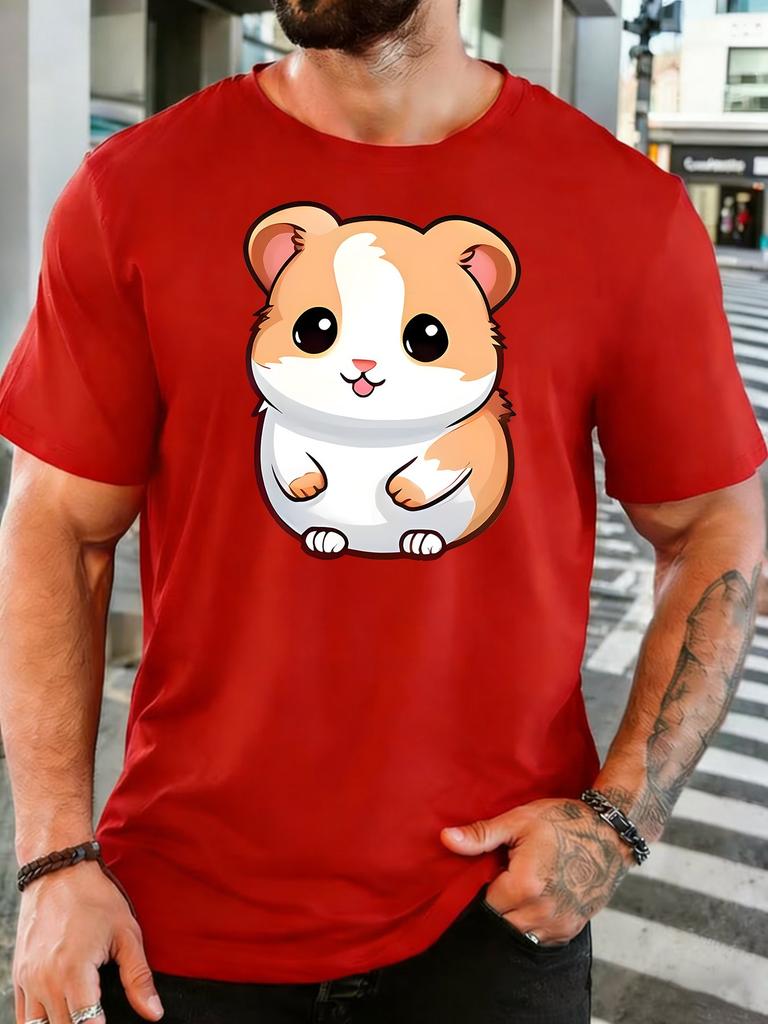 Cute Fluffy Cartoon Hamster Big Eyes Graphic Unisexs Cotton Crew Neck Tee Short Sleeve Loose Lovely Casual Daily Street Male Top